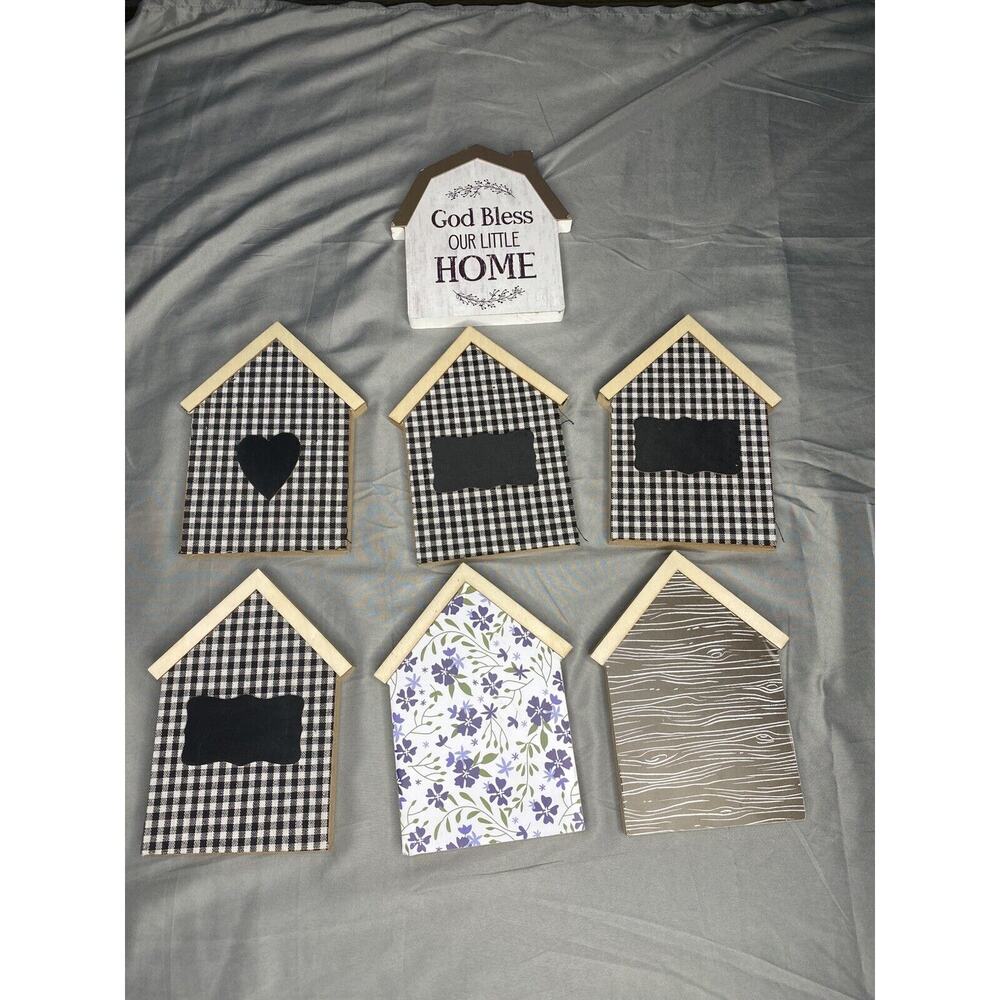 Lot of seven Gingham Wood Block Sign Chalkboard Look Tag Decor House Shaped